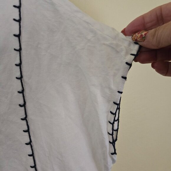 Tory Burch Floral Embroidered White Navy Linen Blend Designer Midi Dress Size M - Picture 6 of 11